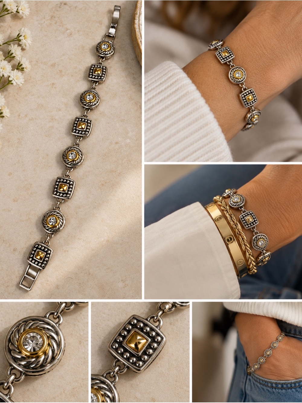 Brighton Two-Tone Silver & Gold Crystal Link Bracelet